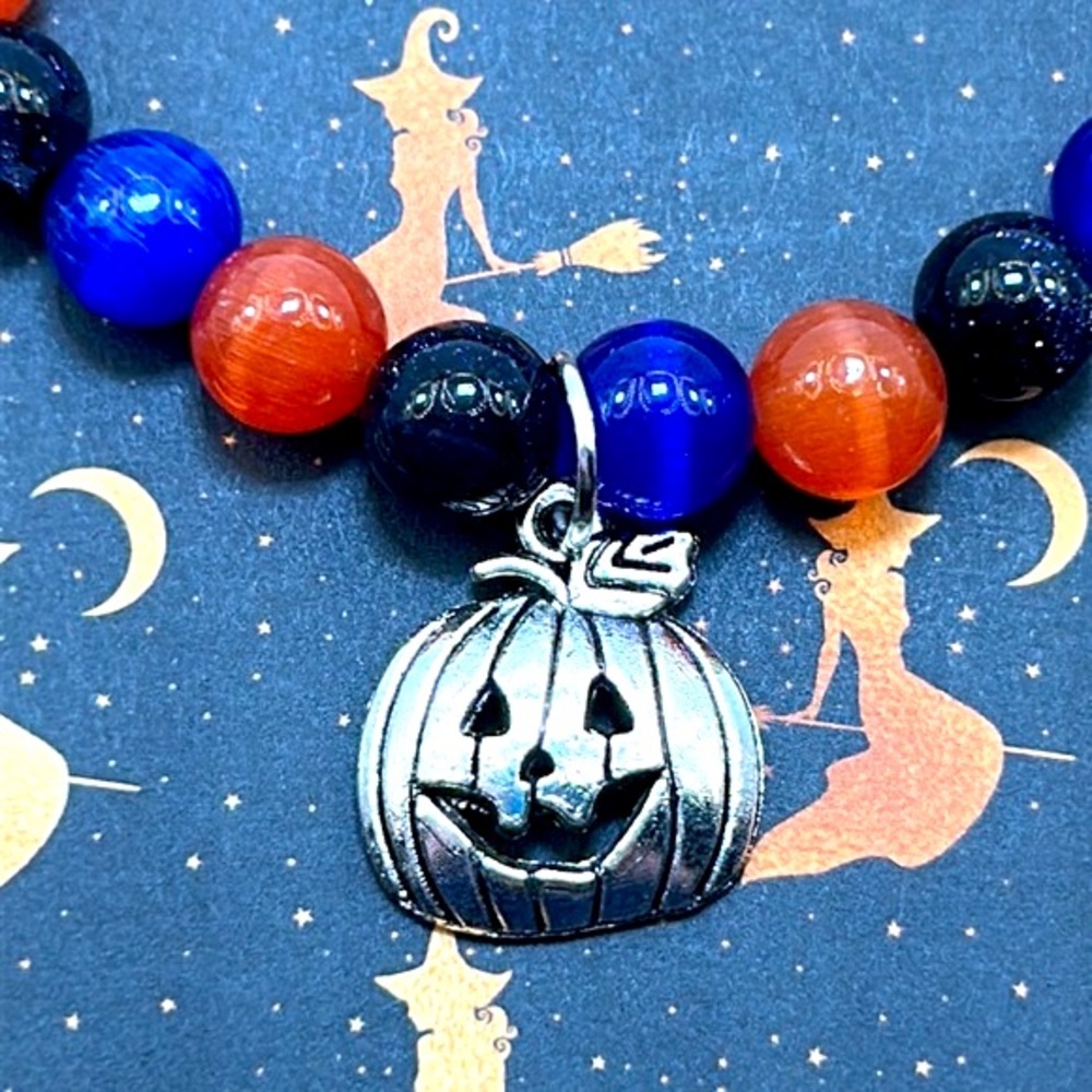 Handmade Halloween Pumpkin Charm Bracelet with Blue & Orange Cat Eye Stones!
